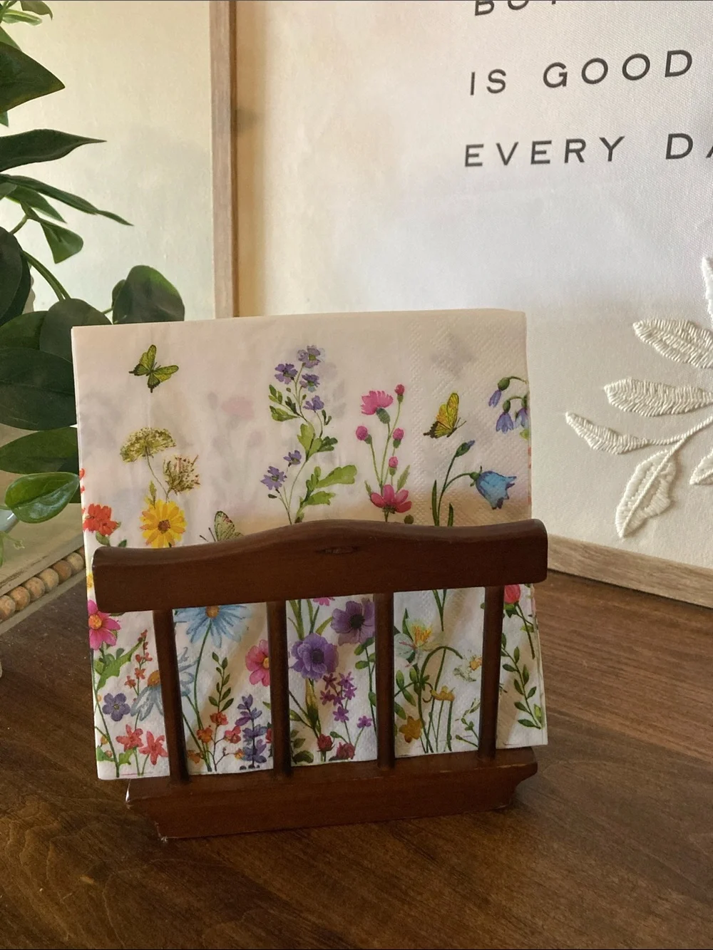 Vintage Wooden Napkin Holder in Warm Brown, Letter Holder, Cottagecore
